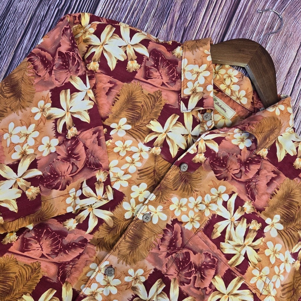 Tommy Bahama Silk Button Down Shirt Mens XL Burgundy Orange Tropical Floral Palm